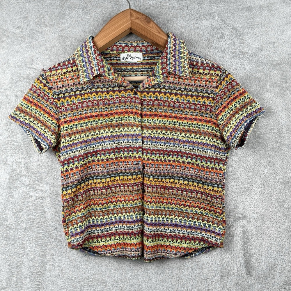 Self Esteem Open Knit Y2K Button Up Shirt Womens L USA Made Hippie Retro Coogi